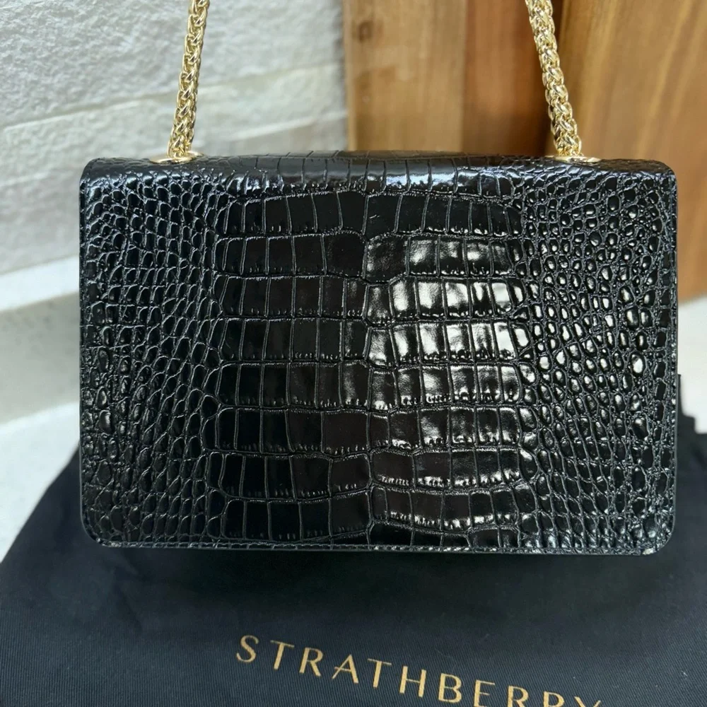 Like new Strathberry East/West Black Croc-Embossed Crossbody with Gold Chain - Picture 9 of 15